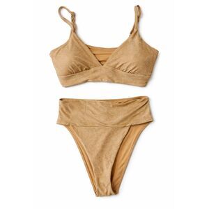 Aerie Shimmer Gold L/XL High Cut Cheeky Bikini Set Neutral Glam Swimwear